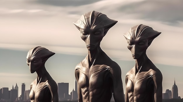 Four statues of a creature with the word alien on the front