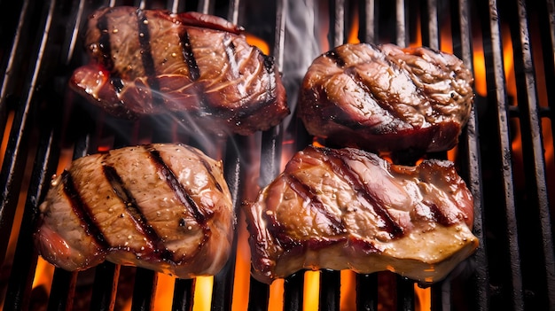 Four steaks grilled on the barbecue hot fire generative ai