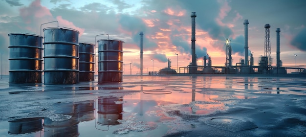 Photo four steel barrels stand in front of an industrial plant at twilight the ground is wet and reflects the sky and the silhouette of the factory