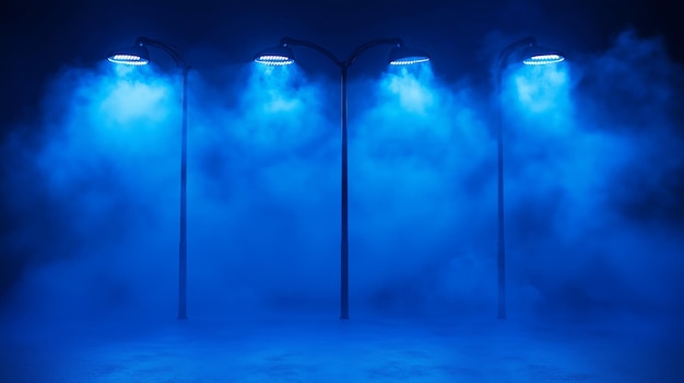 Four street lights illuminate a foggy bluetinged night