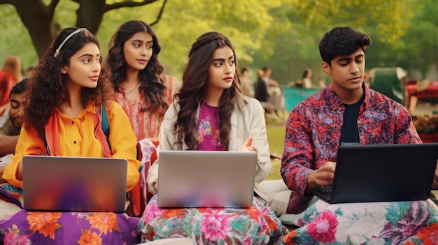 Four students with laptops in a park, education stock images