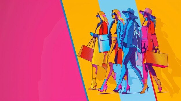 Photo four stylish women with sunglasses shopping with bags illustration in graphic design vibrant colors