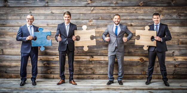 Photo four successful business men joining two puzzle pieces each being held by two partners rustic wooden background conceptual of merger or creative cooperation of two business companies