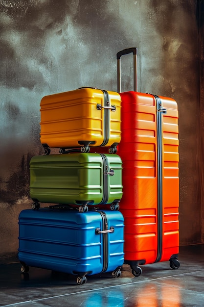 Four suitcases of different colors are stacked on top of each other