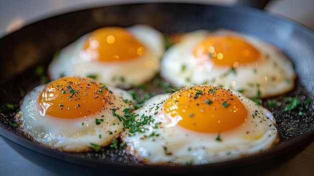 Photo four sunnyside up eggs with parsley and pepper in a black pan