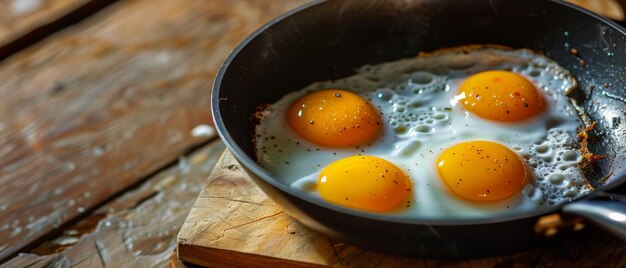 Four sunnysideup eggs sizzle in a skillet warm light hints a cozy breakfast