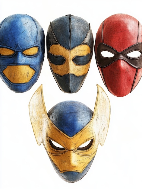 Photo four superhero masks in different colors and styles