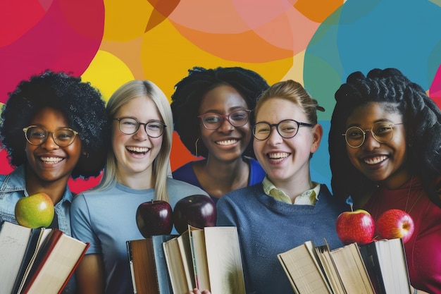 Photo four teachers diverse in appearance smile brightly while holding stacks of books and apples a colorful collage of smiling teachers surrounded by books and apples