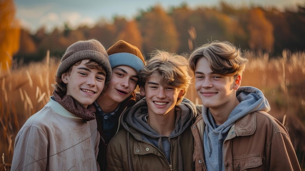 Four Teenage Boys Smiling in Autumn Field