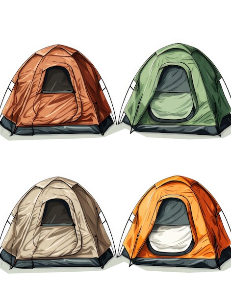 Four tents of different colors are shown in a row