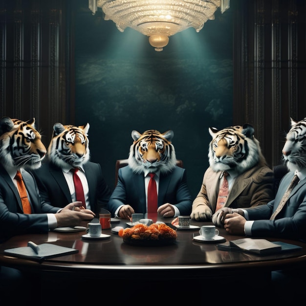 four tiger cats are sitting around a table with one of them wearing a suit