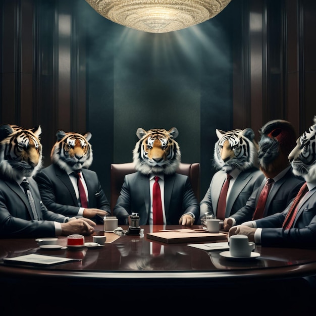 four tiger cats are sitting around a table with one wearing a suit and tie