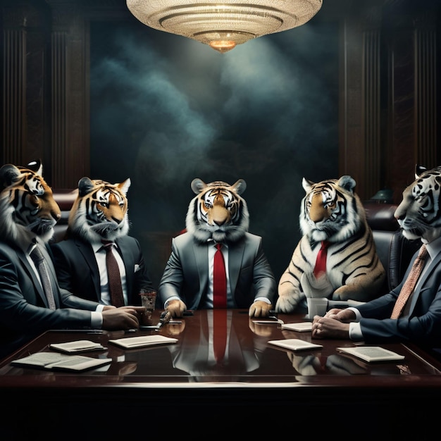 four tiger tigers are sitting at a table and the men are wearing suits