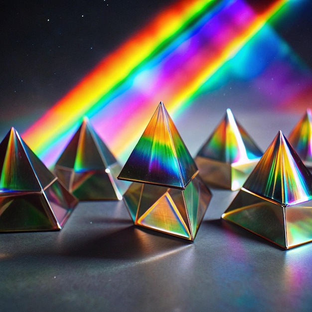 Photo four tiny silver pyramids are lined up on a table