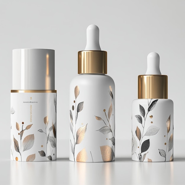 Photo four tubes of perfume are lined up with leaves