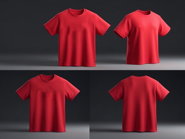 Photo four views of a blank red tshirt front back and two sides