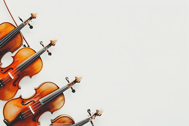 Four violins arranged diagonally on a white background