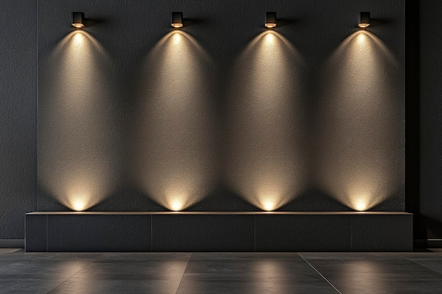 Four WallMounted Lights Illuminating a Dark Room with a Bench