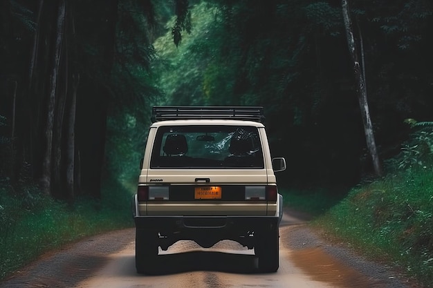 Four wheel drive SUV is driving on muddy road in jungle Jeep on safari Created with Generative AI