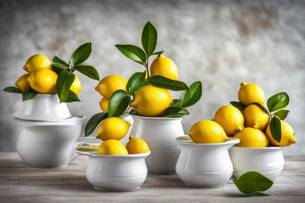 Photo four white bowls with white bowls of lemons and leaves on them