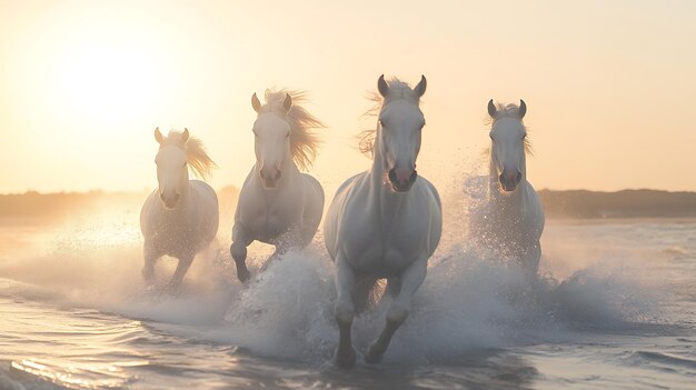 Photo four white horses run through the water at sunset creating a spray of water