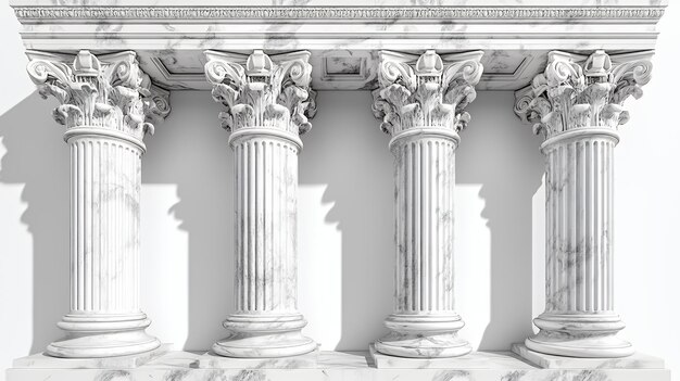 Photo four white marble columns with ornate capitals and bases on a white background