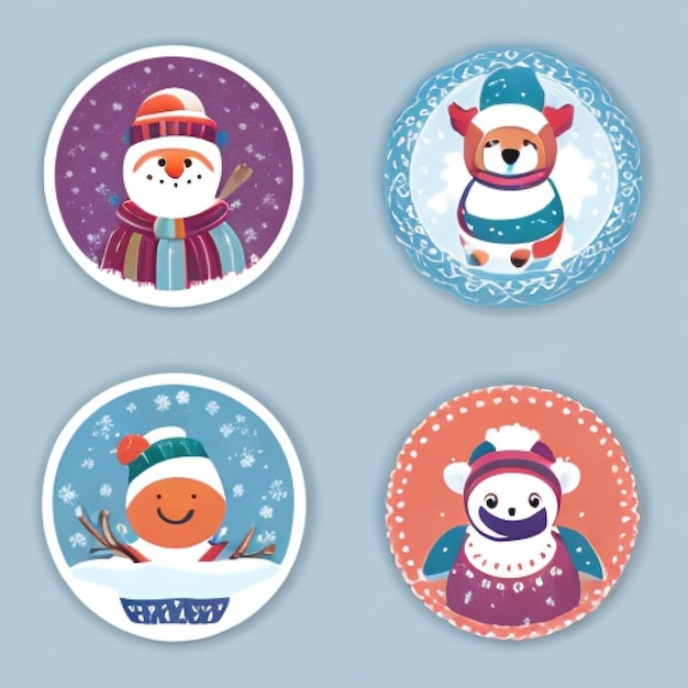 Four winter stickers featuring snowmen and dogs