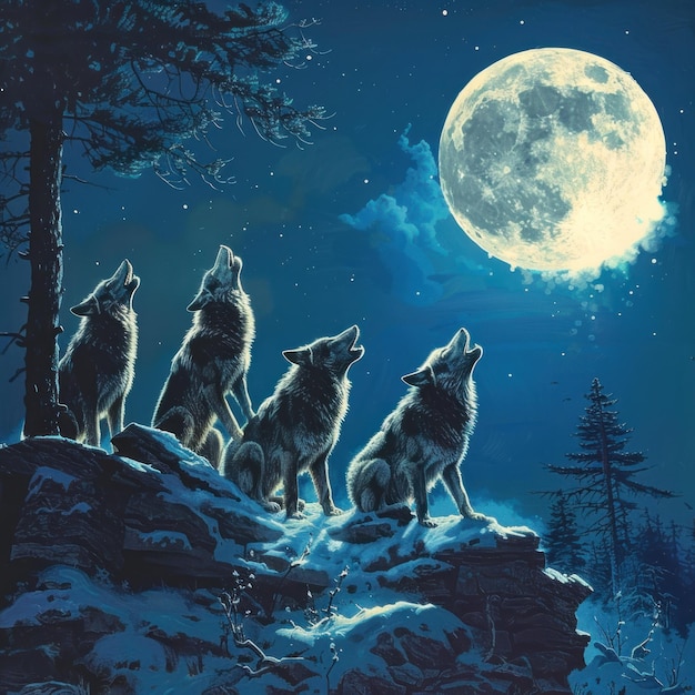 Photo four wolves howling at the moon in a winter forest