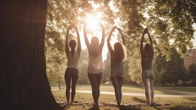 Four women are doing yoga in a park, one of them is wearing a shirt that says'yoga '