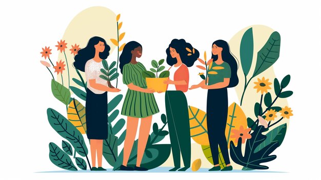 Photo four women exchange plants in a lush garden fostering a sense of community and growthxaxa