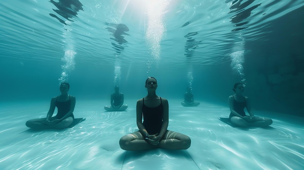 Photo four women meditate underwater in a pool serene and peaceful