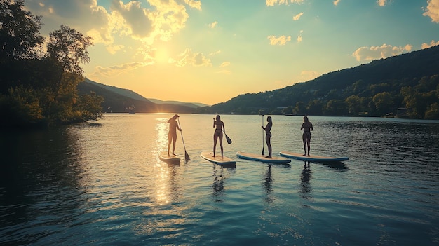 Photo four women paddleboarding at sunset on a calm lake