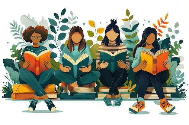 Photo four women reading books in a garden