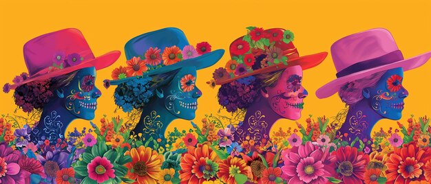 Photo four women wearing colorful hats and flowery dresses day of the dead illustration