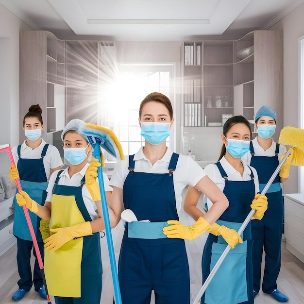 four women wearing masks with the words quot cleaning quot on them