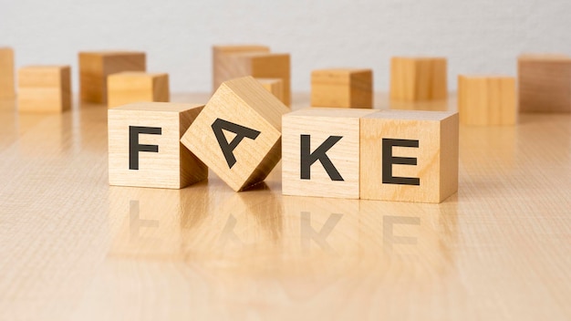 Four wooden blocks with text FAKE on table copy space white background