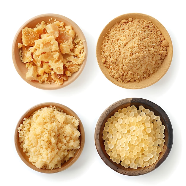 Four Wooden Bowls with Different Types of Yellow Sugar