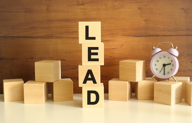 Four wooden cubes stacked vertically on a brown background form the word LEAD