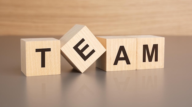 four wooden cubes with the letters TEAM on the bright surface of a brown table business concept