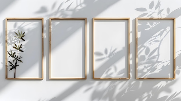 Photo four wooden frames on the wall each frame is 20cm wide and long shadows from window white background