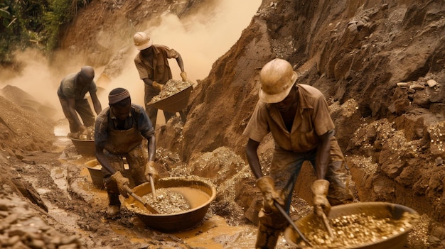 Four workers are sifting through soil in a gold mining operation using pans and shovels in what appears to be a tropical or subtropical environment