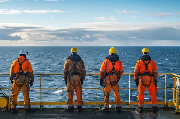 Four workers wearing safety gear on a ships deck looking at the vast ocean Bright workwear and safety equipment highlight their readiness Industrial and maritime theme Generative AI