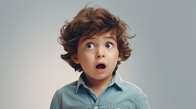 Four year old boy with his eyes and mouth wide open on neutral gray background