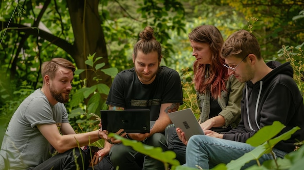 Photo four young adults collaborating on laptops outdoors