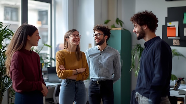 Four young adults smiling and laughing in a bright office space