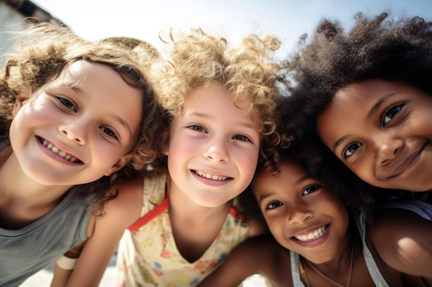 Four young girls with curly hair are smiling and posing for a picture