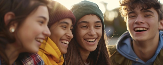 Photo four young people are laughing and enjoying their time together outside on a sunny day