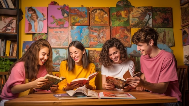 Four young people sit at a table while reading books, education stock images