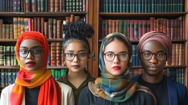 Photo four young people two women and two men stand in front of a bookshelf wearing glasses