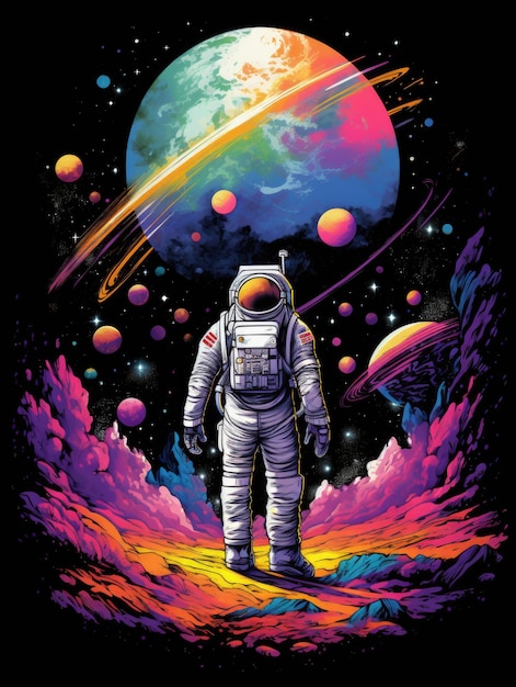 Fourcolor Tshirt design featuring line art inspired by space presented in vector format